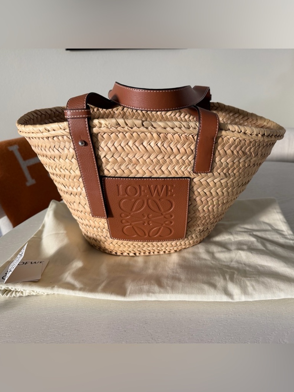 Loewe Natural Woven Straw Tote with Tan Leather Trim